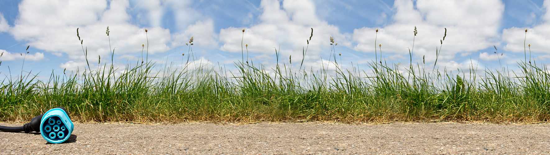 E-Auto-Ladestecker vor Rasenkante unter freiem Himmel